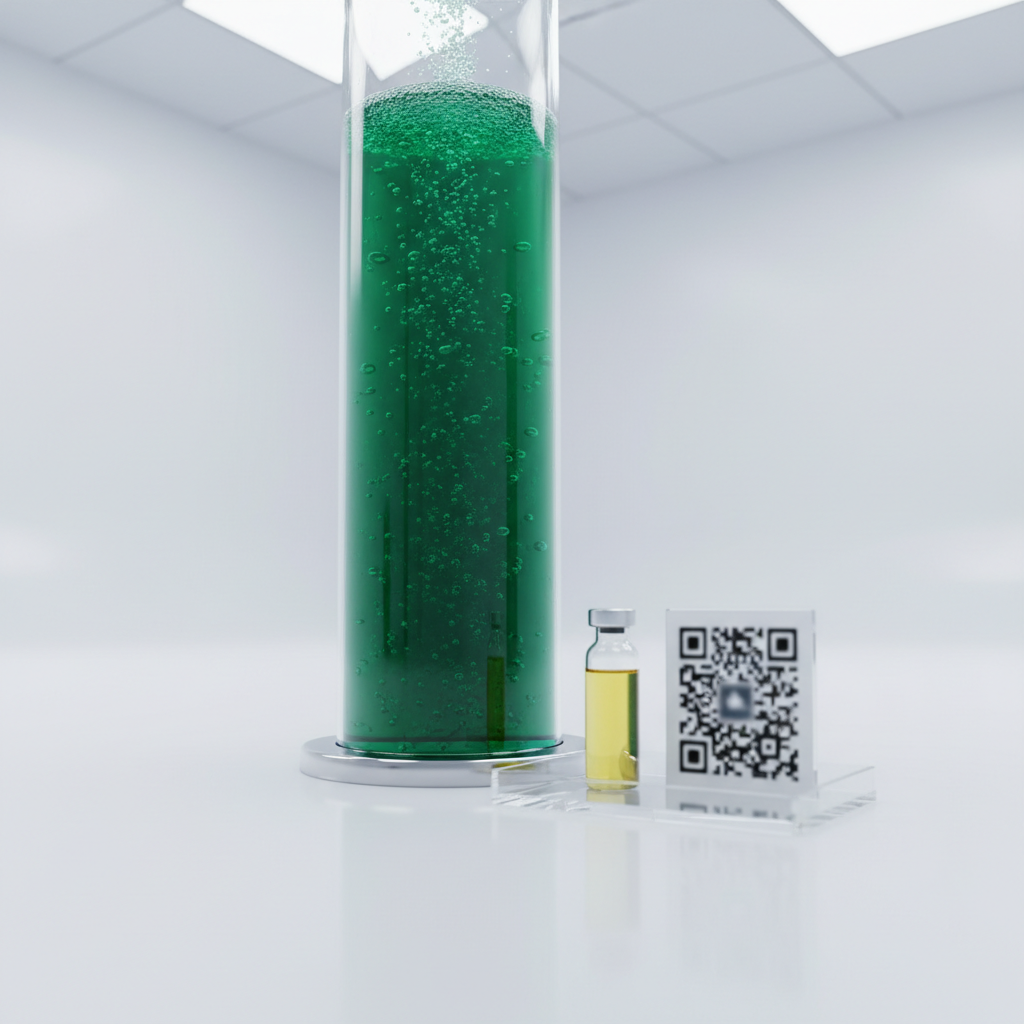 An ultra-clean, photographic scene of a transparent bioreactor column filled with luminous, deep-green algae suspension, standing on a polished white lab floor. Fine bubbles rise through the liquid, hinting at active cultivation. Beside it, on a clear acrylic tray, a narrow glass vial of refined, golden DHA oil and a slim, labeled-style QR code card are arranged, the card deliberately out of focus so no text is readable, only the idea of traceability. Cool, even studio lighting enhances every reflection, with crisp edges and minimal shadows. Shot from a low, three-quarter angle, the composition feels advanced, controlled, and trustworthy, emphasizing batch-level transparency and science-guided production.