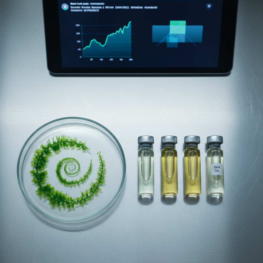 An overhead, photographic view of a modern stainless-steel lab bench displaying a transparent glass petri dish filled with intricate spirals of fresh green microalgae, next to a series of small, clear vials containing progressively purified, pale-gold DHA oil. A tablet screen in the background shows an abstract, softly focused graph and batch code interface, hinting at traceability and data without legible text. Cool, diffused laboratory lighting reflects gently off the metal and glass, creating a precise, evidence-based mood. The composition follows the rule of thirds, with sharp focus across the frame, conveying scientific validation and ingredient transparency in a clean, minimalist aesthetic.