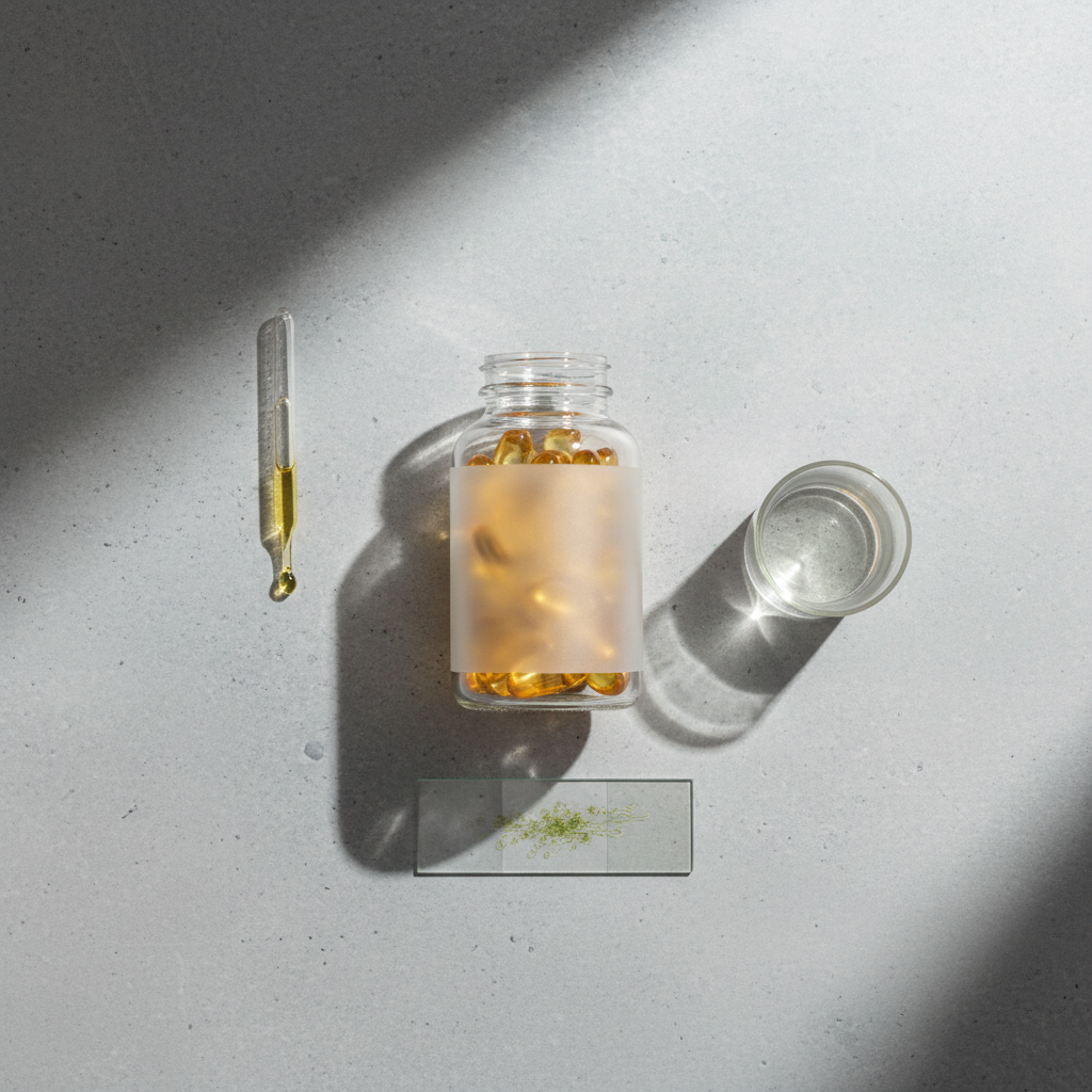 A high-end, photographic flat lay of a transparent supplement bottle filled with algae-derived DHA softgels, the label area intentionally blank and matte to avoid branding or claims. The bottle lies on a smooth, light concrete surface. Around it are neatly arranged glass lab instruments: a pipette with a droplet of golden oil, a small beaker of clear solvent, and a thin glass slide showing a delicate smear of microscopic algae, all in precise alignment. Soft, diffused overhead lighting creates gentle shadows and a refined, clinical calm. The composition is symmetrical with sharp focus, conveying meticulous quality control, ingredient integrity, and complete transparency without resorting to typical supplement clichés or sales cues.