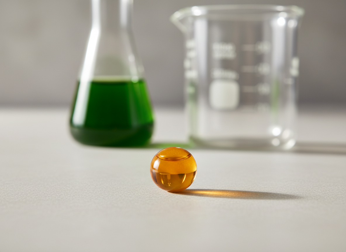 A close-up, photographic image of a single, crystal-clear softgel capsule filled with golden algae-derived DHA oil, resting on a smooth, pale stone surface. In the softly blurred background, a sleek glass flask of vibrant emerald-green algae culture stands beside a transparent beaker marked with faint, minimal measurement lines, suggesting scientific rigor without dominant text. Gentle daylight from the left creates subtle reflections in the oil and faint shadows on the stone, giving a sense of purity and refinement. Shot at eye level with shallow depth of field, the composition feels calm, sophisticated, and clinically clean, emphasizing uncompromising quality and nature-powered science.