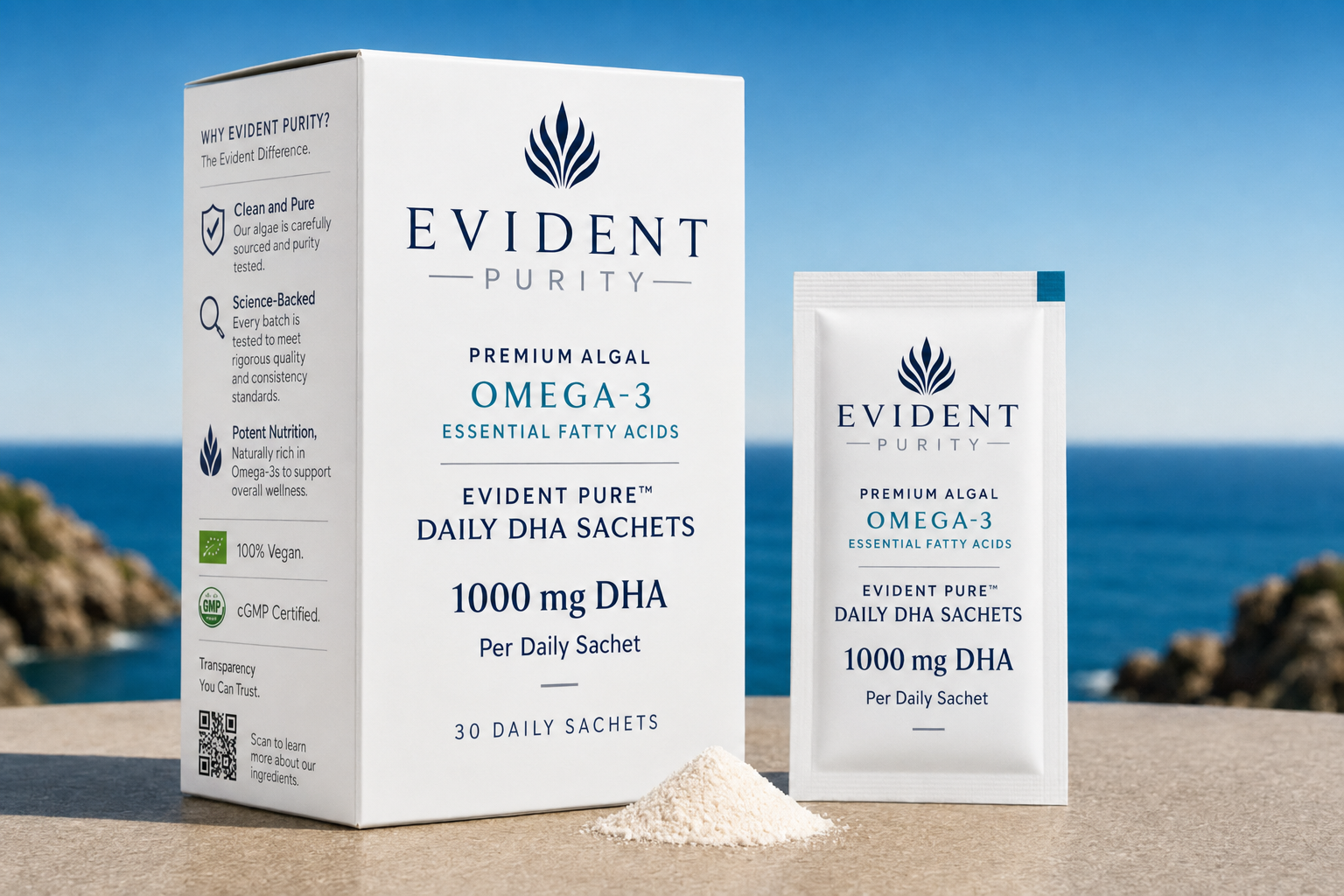 AlgaVera™ Daily DHA Sachets carton, individual sachet and powder
